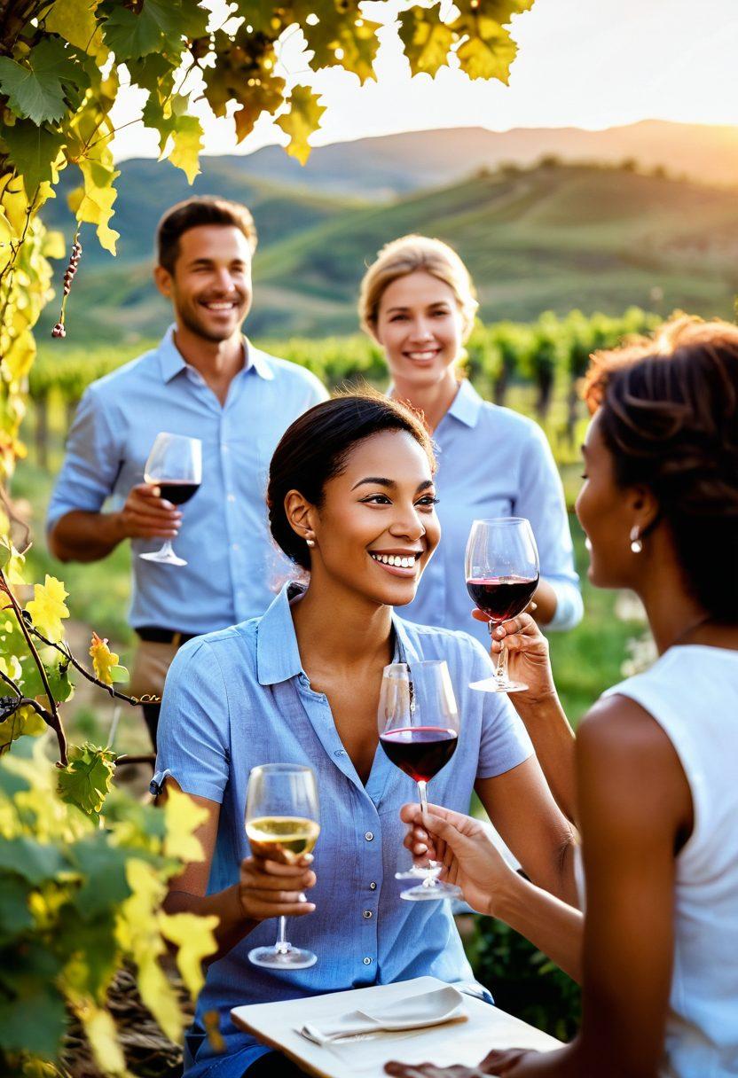 A serene vineyard landscape at sunset, with a diverse group of people joyfully tasting various wines, laughter and smiles illuminating their faces. Include elegantly placed wine glasses filled with different shades of wine, surrounded by lush grapevines and scenic hills in the background. Emphasize warmth and connection through body language and facial expressions, creating an inviting atmosphere of well-being and happiness. soft focus. vibrant colors. serene ambiance.