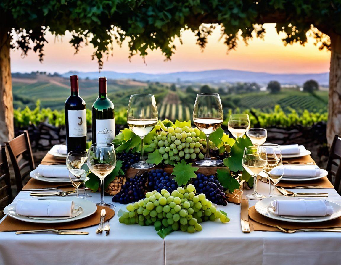 A beautifully arranged dining table featuring a variety of exquisite wines paired with gourmet dishes, surrounded by lush green grapevines and elegant wine glasses. Soft candlelight glimmers on the table, creating an intimate atmosphere. The background should include a vineyard at sunset, adding warmth to the scene. warm tones, super-realistic, vibrant colors.