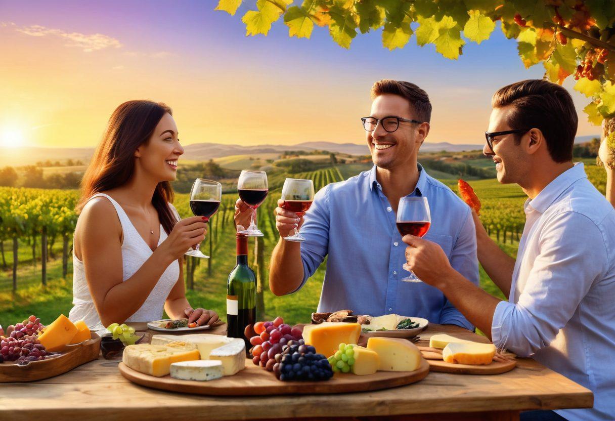 A vibrant, lively scene of diverse people enjoying wine tasting in a picturesque vineyard under a sunset sky, with glasses clinking and smiles on their faces. Colorful grapevines surround the area, creating a warm, inviting atmosphere. Include a wooden table adorned with various wine bottles and delicious cheeses. Emphasize the joy and camaraderie of the experience. super-realistic. vibrant colors. picturesque sunset.